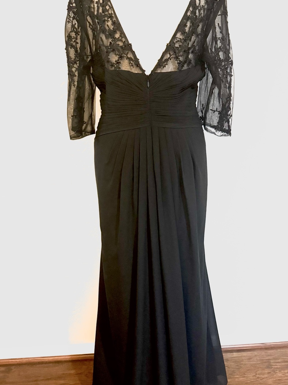 JJ’s House Elegant Black Evening Gown with Sheer Lace Sleeves - Picture 2 of 10